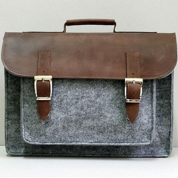 FELT 15" LAPTOP case, 15,6" felt leather briefcase, genuine leather, felt laptop bag, customized