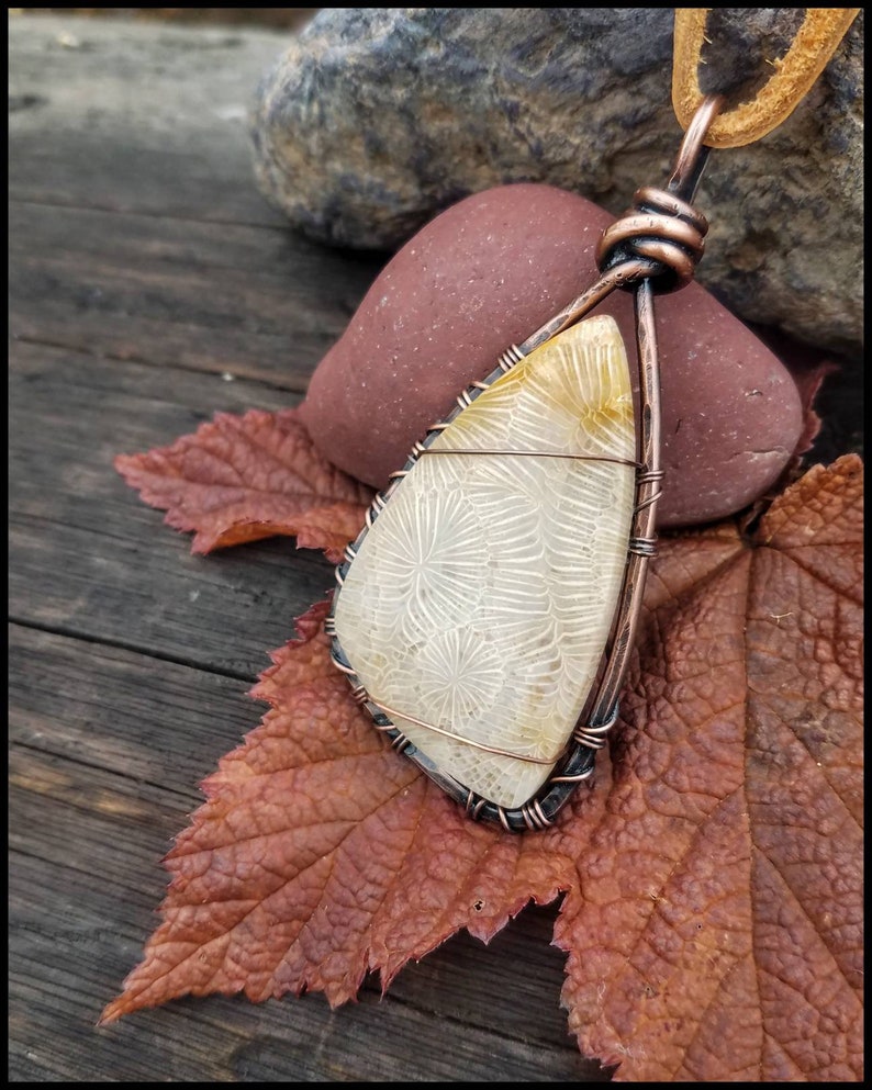 Coral Cabochon In a Rustic Cold Forge Wire Wrap Fusion Style of Copper Bohemian Wanderlust Zen Amulet