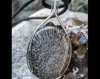 Bryozoans Fossil Pendant, • Hyper  Drive •, Hand Wire Wrapped in Sterling Silver & a 22" Black Corded Necklace. Bohemian Wanderlust Zen