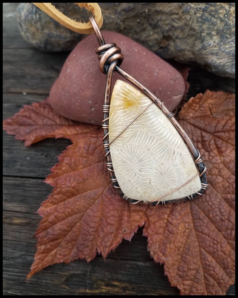 Coral Cabochon In a Rustic Cold Forge Wire Wrap Fusion Style of Copper Bohemian Wanderlust Zen Amulet