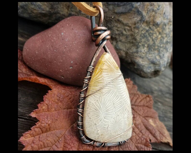 Coral Cabochon In a Rustic Cold Forge Wire Wrap Fusion Style of Copper Bohemian Wanderlust Zen Amulet