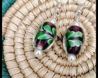 Vintage Lampwork Glass and Faux Pearl Bead Earrings Handcrafted onto Surgical Steel French Hooks. Visions of Spring in Burgandy.