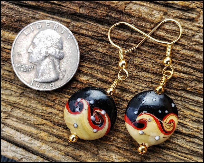 Handcrafted Painted Porcelain Art Bead Earrings with Gold Plate Accent Beads Gold Fill Open French Hooks.