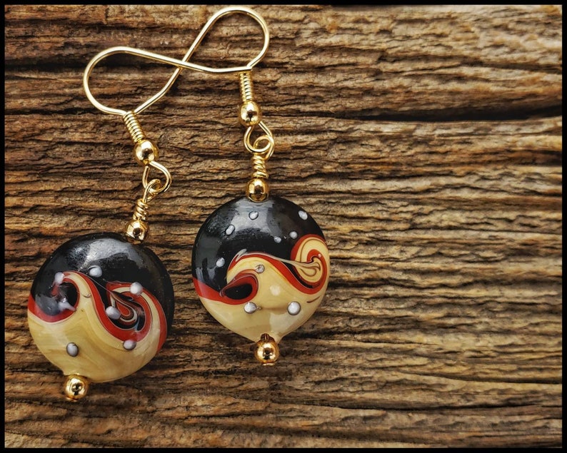 Handcrafted Painted Porcelain Art Bead Earrings with Gold Plate Accent Beads Gold Fill Open French Hooks.