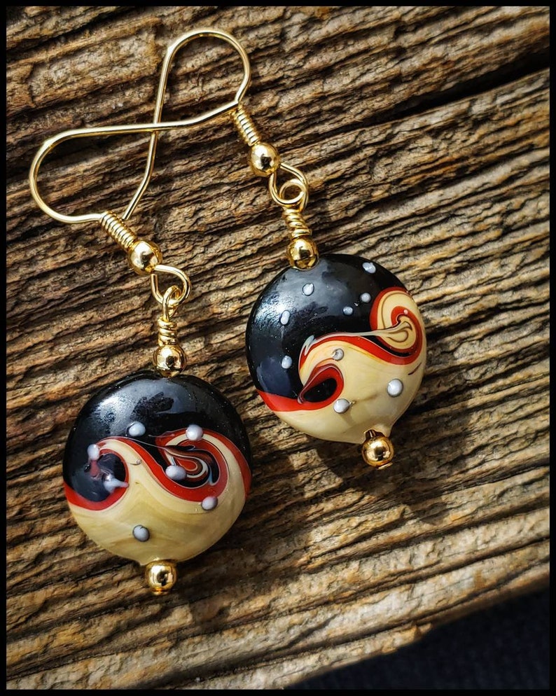 Handcrafted Painted Porcelain Art Bead Earrings with Gold Plate Accent Beads Gold Fill Open French Hooks.