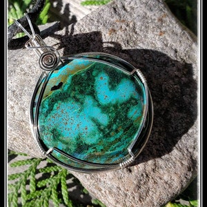 Beautiful Chrysocolla Pendant, Hand Wrapped in Sterling Silver with a 18" Black Cord Necklace. Bohemian Wanderlust Zen Amulet