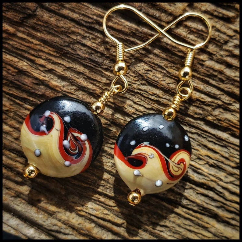 Handcrafted Painted Porcelain Art Bead Earrings with Gold Plate Accent Beads Gold Fill Open French Hooks.