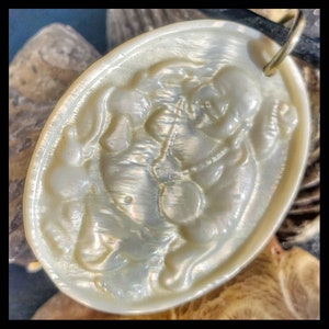 Soft Lustre Filled Mother of Pearl Shell, Carved Buddha,  with an 18" Black Cord Necklace. Peace Filled Zen Amulet