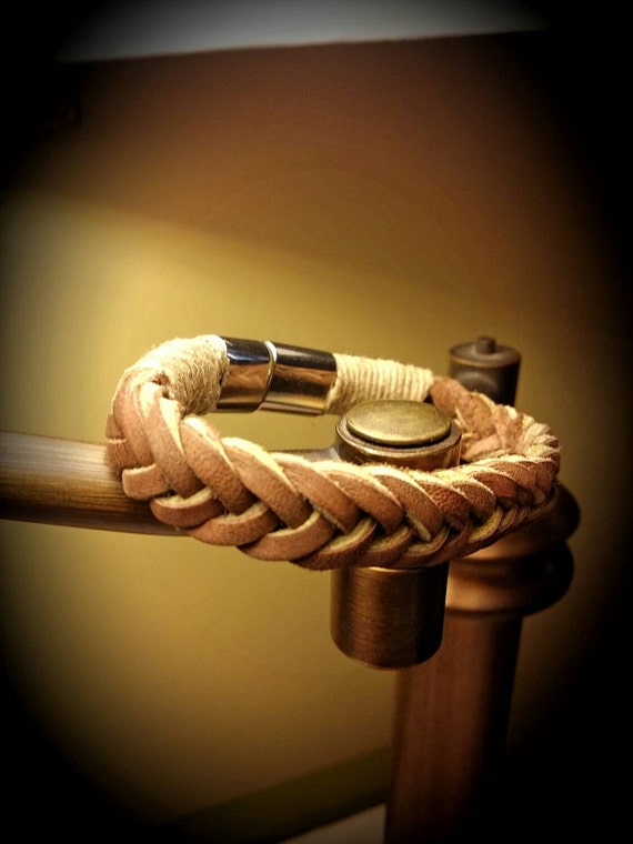 Hand Braided Leather Bracelet Wrapped with Natural Hemp. Unisex Island Zing, Free Shipping.