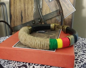Cool Dude Handmade Leather and Hemp/Jute Rasta Bracelet. Island Zing, Free Shipping
