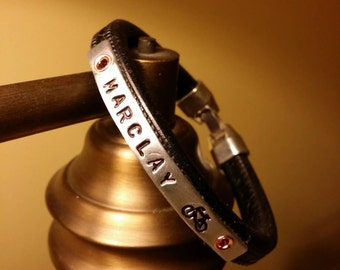Personalized Leather Bracelet for Men, Geometric Embossed, Aluminum Stamped