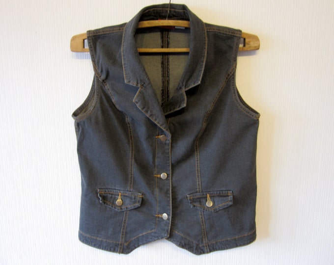 Gray Denim Vest Women Romantic Black Country Western Metal Buttons