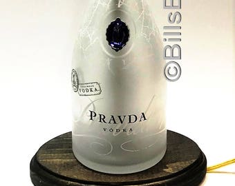 Pravada Vodka Liquor Bottle TABLE LAMP with Wood Base, Desk Accent Light, Home Bar, Pub Lounge Decor, Man Cave Lighting