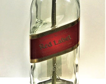 Johnnie Walker Red Label Large 1.75L Liquor Bottle TABLE LAMP w/ Wood Base Desk Accent Light, Home Bar, Pub Lounge Decor, Man Cave Lighting