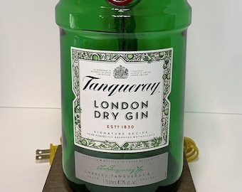 Tanqueray London Gin Large 1.75L Liquor Bottle TABLE LAMP with Wood Base, Desk Accent Light, Home Bar, Pub Lounge Decor, Man Cave Lighting
