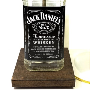 Jack Daniels Whiskey Large 1.75L Liquor Bottle TABLE LAMP with Wood Base, Desk Accent Light, Home Bar, Pub Lounge Decor, Man Cave Lighting