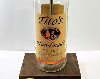 Tito's Vodka Liquor Bottle TABLE LAMP with Wood Base, Desk Accent Light, Home Bar Pub Lounge Decor Man Cave Party Lighting