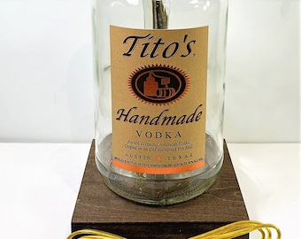 Tito's Vodka Large 1.75L Liquor Bottle TABLE LAMP with Wood Base, Desk Accent Light, Home Bar, Pub Lounge Decor, Man Cave Lighting