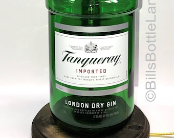 Tanqueray Gin Large 1.75L Liquor Bottle TABLE LAMP with Wood Base, Desk Accent Light, Home Bar, Pub Lounge Decor, Man Cave Lighting