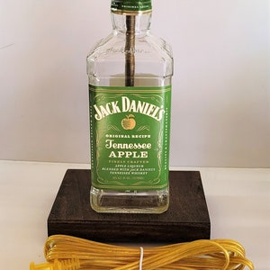 Jack Daniels Apple Whiskey Liquor Bottle TABLE LAMP with Wood Base, Desk Accent Light, Home Bar Pub Lounge Decor Party Lighting