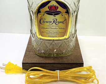 Crown Royal Whiskey Large 1.75L Liquor Bottle TABLE LAMP with Wood Base, Desk Accent Light, Home Bar, Pub Lounge Decor, Man Cave Lighting