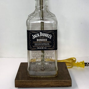 Jack Daniels Bonded Jack Whiskey Liquor Bottle TABLE LAMP with Wood Base, Desk Accent Light, Home Bar Pub Lounge Decor Party Lighting