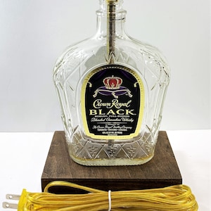 Crown Royal Black Whiskey Liquor Bottle TABLE LAMP with Wood Base, Desk Accent Light, Home Bar, Pub Lounge Decor, Man Cave Lighting