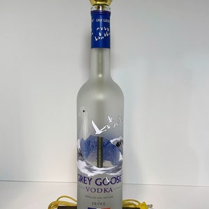 Grey Goose Vodka Liquor Bottle TABLE LAMP with Wood Base, Desk Accent Light, Home Bar Pub Lounge Decor Man Cave Party Lighting