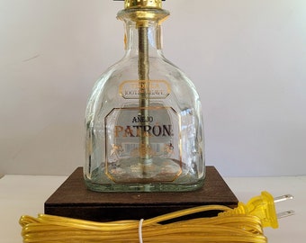 Patron Tequila Liquor Bottle TABLE LAMP with Wood Base, Desk Accent Light, Home Bar Pub Lounge Decor Man Cave Party Lighting