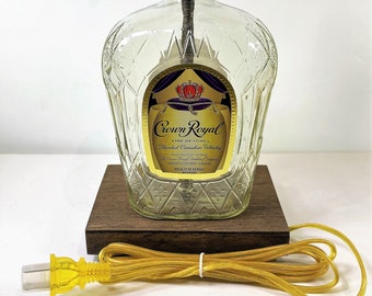 Crown Royal Whiskey Liquor Bottle TABLE LAMP with Wood Base, Desk Accent Light, Home Bar, Pub Lounge Decor, Man Cave Lighting