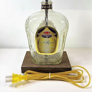 Crown Royal Whiskey Liquor Bottle TABLE LAMP with Wood Base, Desk Accent Light, Home Bar, Pub Lounge Decor, Man Cave Lighting