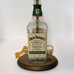 Jack Daniels Rye Jack Whiskey Liquor Bottle TABLE LAMP with Wood Base, Desk Accent Light, Home Bar Pub Lounge Decor Party Lighting
