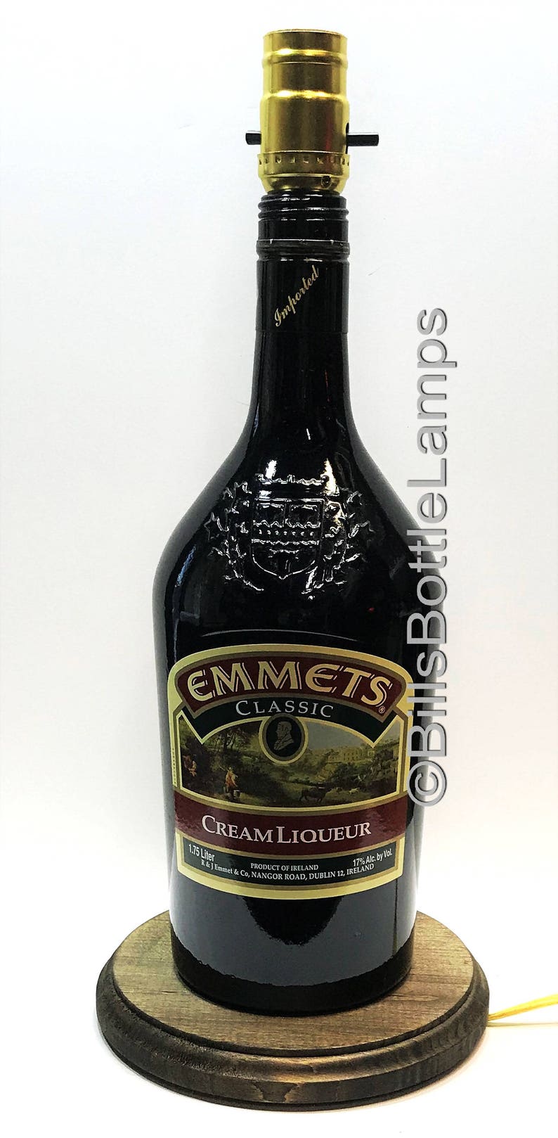 Home Bar Emmets Cream Liqueur Large 1.75L Liquor Bottle TABLE LAMP with Wood Base Desk Accent Light Pub Lounge Decor Man Cave Lighting