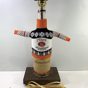 NEW! Tito&#39;s Vodka Christmas Holiday Winter Sweater Liquor Bottle Table Lamp with Wood Base, Desk Accent Light, Home Bar, Pub Lounge Decor