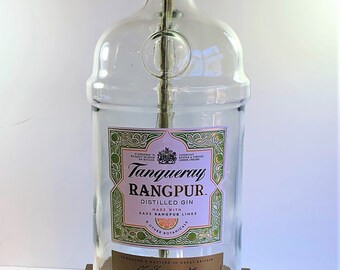 Tanqueray Rangpur Gin Large 1.75L Liquor Bottle TABLE LAMP with Wood Base, Desk Accent Light, Home Bar, Pub Lounge Decor, Man Cave Lighting