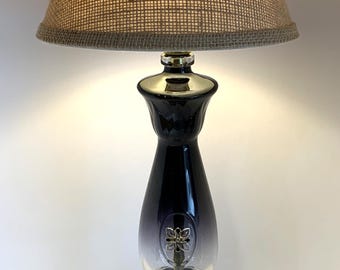 Clase Azul Gold Tequila Bottle Table Lamp PACKAGE w/ Wood Base Burlap Lamp Shade & LED Bulb included! Desk, Home Bar, Pub, Lounge Light