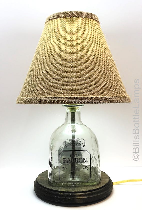 Patron Silver Liquor Bottle LAMP PACKAGE with Burlap Shade, White LED Bulb, Table Lamp, Desk Light, Bar, Lounge Patron Silver Liquor Bottle LAMP PACKAGE with Burlap Shade, White LED Bulb, Table Lamp, Desk Light, Bar, Lounge