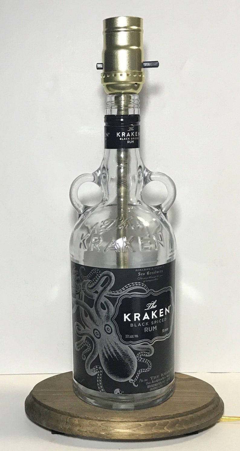 Desk Accent Light Man Cave Lighting Home Bar Pub Lounge Decor The Kraken Black Spiced Rum Liquor Bottle TABLE LAMP with Wood Base