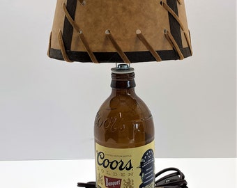 Coors Golden Banquet Beer Bottle TABLE LAMP Light Package with Double Laced SHADE & Candelabra Bulb Home Bar Pub Lounge Decor Party Lighting