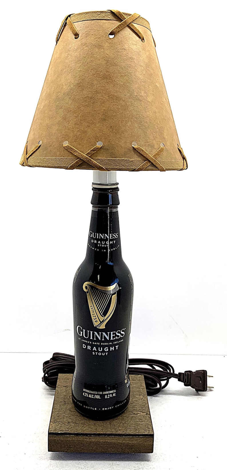 Guinness Beer Bottle TABLE LAMP Light w/ Laced SHADE & Bulb Home Bar Pub Lounge Decor Party Lighting image 1