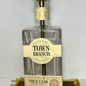 Town Branch Kentucky Straight Whiskey Liquor Bottle TABLE LAMP w Wood Base, Desk Accent Light, Home Bar, Pub Lounge Decor, Man Cave Lighting