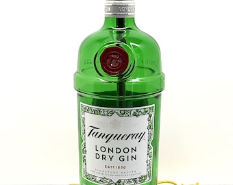 Tanqueray Gin Liquor Bottle TABLE LAMP with Wood Base, Desk Accent Light, Home Bar, Pub Lounge Decor, Man Cave Lighting