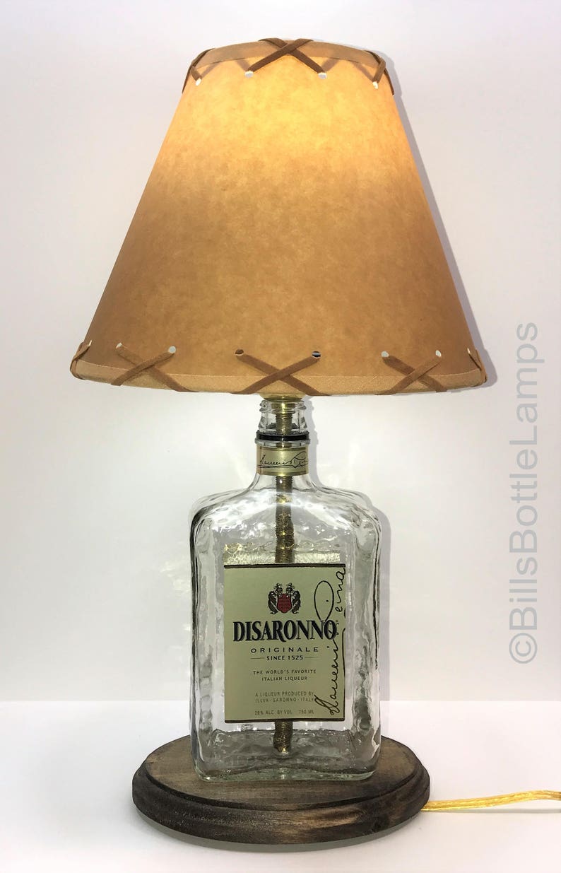 Home Bar Desk Accent Light Man Cave Lighting Disaronno Liqueur Liquor Bottle TABLE LAMP with Wood Base Pub Lounge Decor
