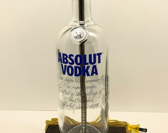 Absolut Vodka Liquor Bottle TABLE LAMP with Wood Base, Desk Accent Light, Home Bar, Pub Lounge Decor, Man Cave Lighting