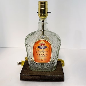 Crown Royal Peach Whiskey Liquor Bottle TABLE LAMP with Wood Base, Desk Accent Light, Home Bar, Pub Lounge Decor, Man Cave Lighting
