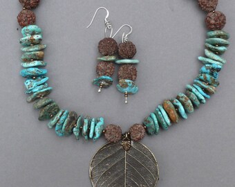 Kingman Turquoise Necklace: Brass Bhodi Leaf, Rudraksha Beads