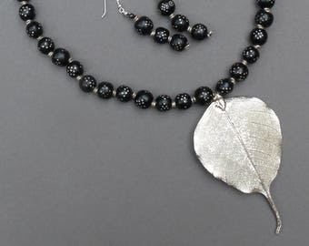 Silver Bhodi Leaf Necklace Earring Set: Antique Jet Prayer Beads