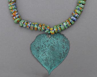 Verdigris Copper Leaf Necklace: African Glass Beads, Sterling Clasp