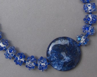 Whimsical Lampwork Choker: Blue Spotted Beads, Lapis Lazuli, Vintage Clasp
