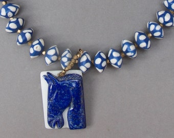 Lapis Lazuli Horse Necklace: Vintage Lampwork Beads, Brass Accent